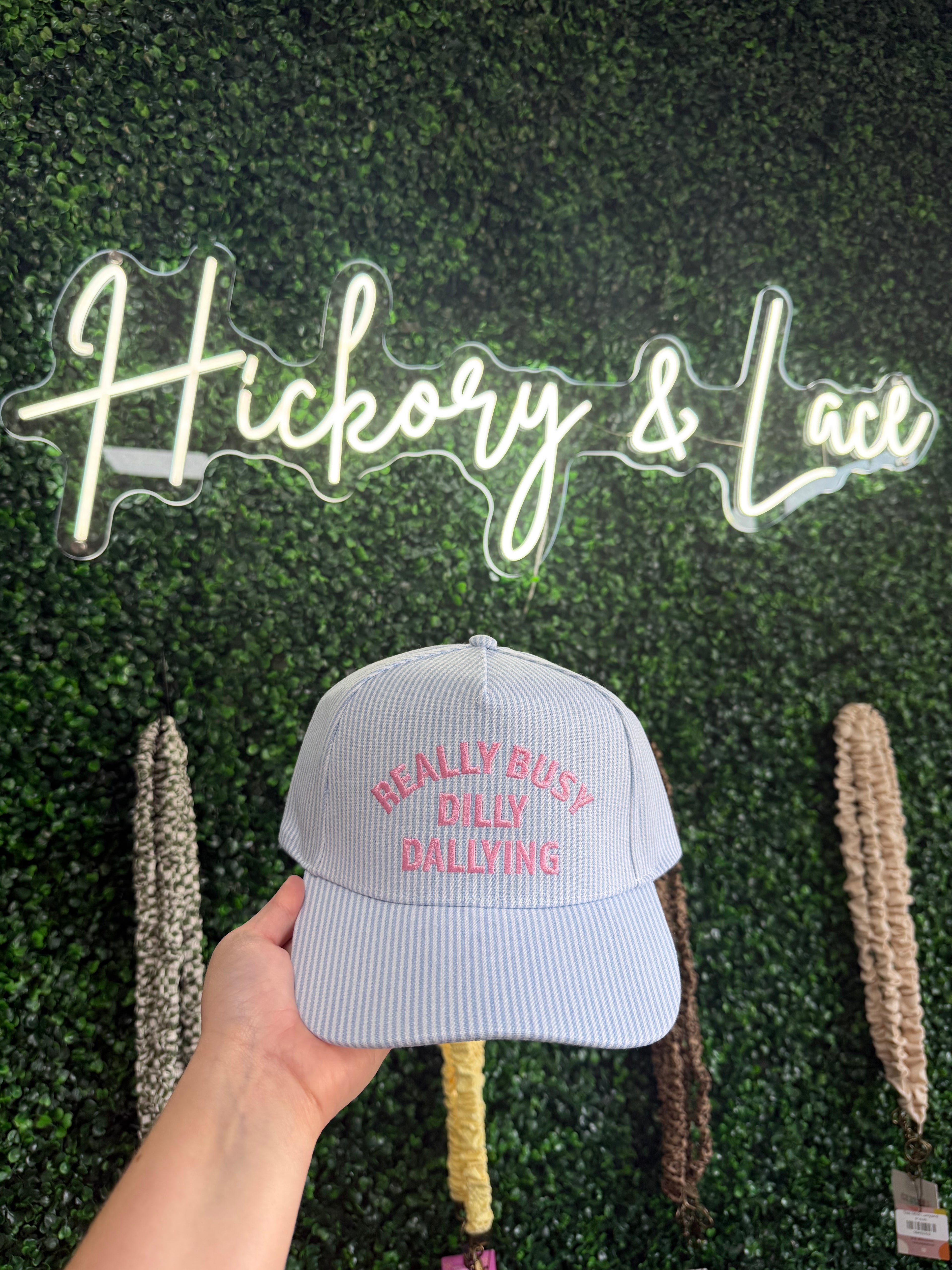 REALLY BUSY DILLY DALLYING Embroidered Seersucker Stripe Hat