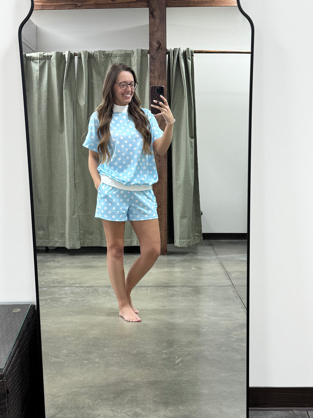 Polka Dot Trim Mock Neck Short Set