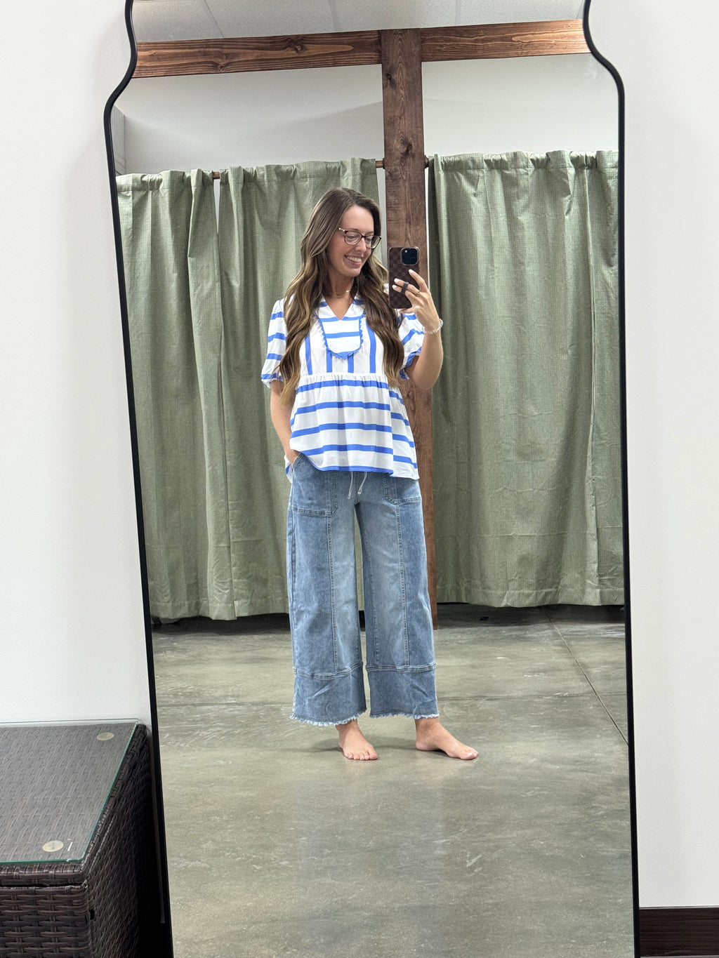 Blue Drawstring Seam Detail Raw Hem Wide Leg Denim Pants
