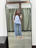 Blue Drawstring Seam Detail Raw Hem Wide Leg Denim Pants