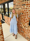 V Neck Smocked Puff Sleeve Flowy Midi Dress for Women