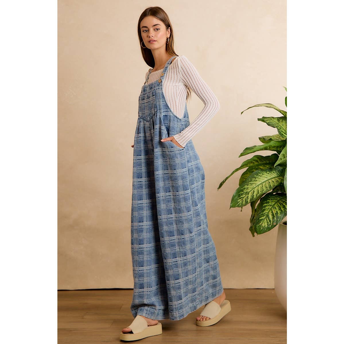 PLAID PATTERNED DENIM WIDE LEG OVERALLS