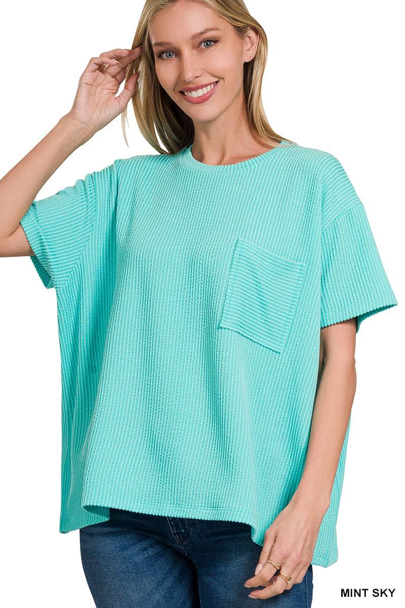',,....Corded Rib  Short Sleeve Front Pocket Top