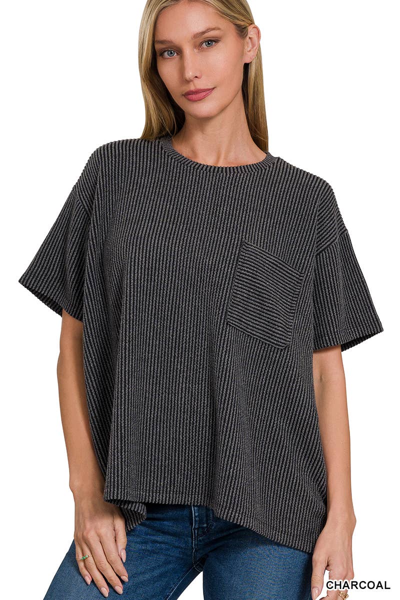 ',,....Corded Rib  Short Sleeve Front Pocket Top