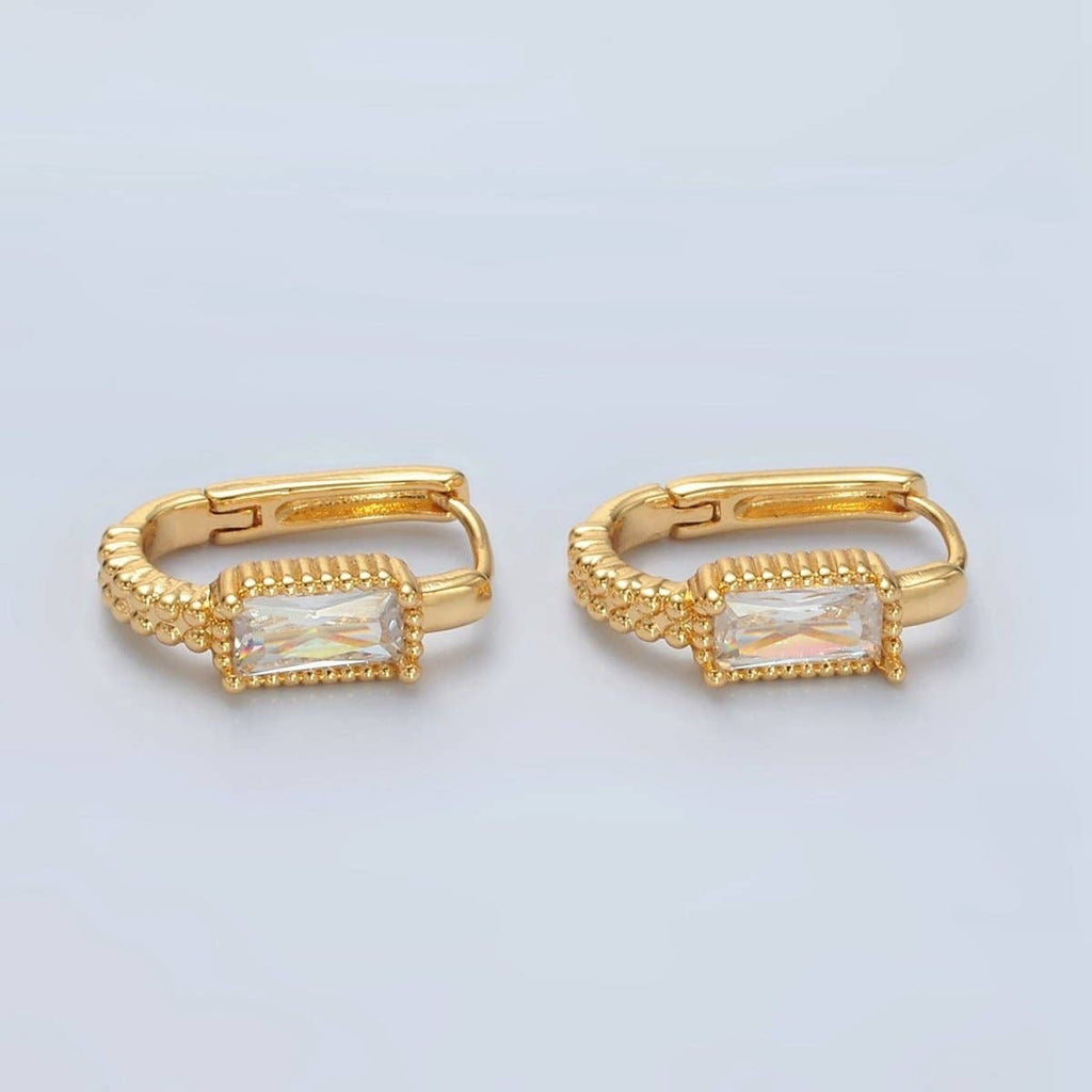 24K Gold Filled 18mm Baguette CZ Dotted Oblong Huggie Earrings | T093