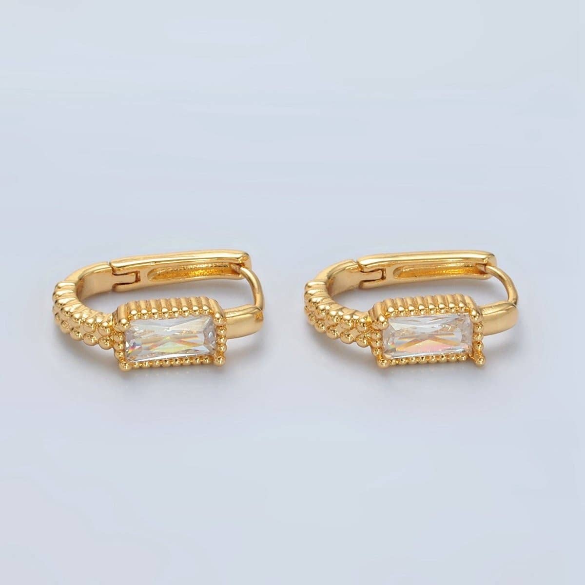 24K Gold Filled 18mm Baguette CZ Dotted Oblong Huggie Earrings | T093