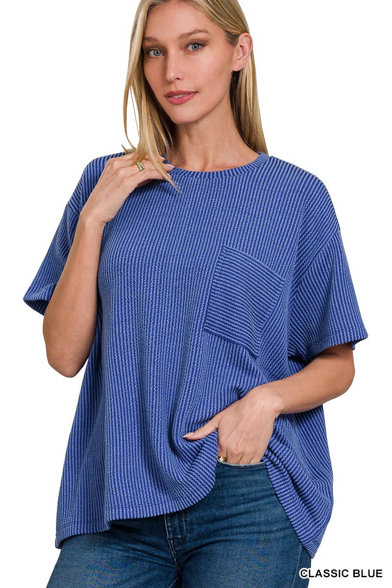 ',,....Corded Rib  Short Sleeve Front Pocket Top