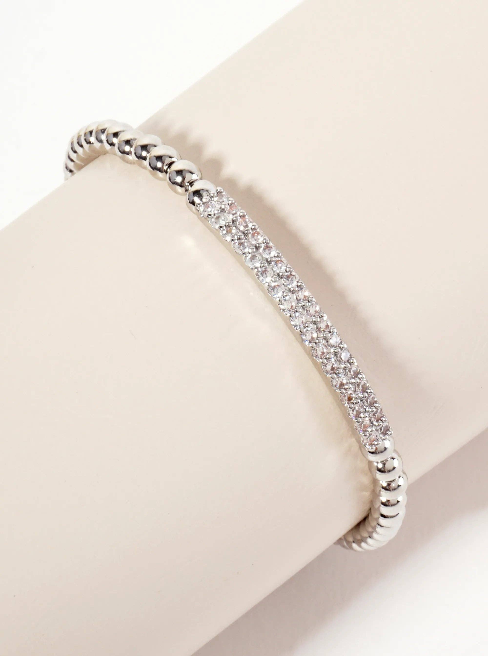 18K-Gold-Dipped Polished Brass 4mm Beaded Stretch Bracelet With CZ Pave-Set Curved Bar Accent