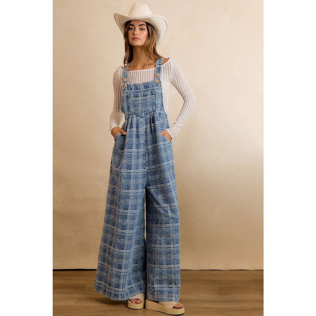 PLAID PATTERNED DENIM WIDE LEG OVERALLS