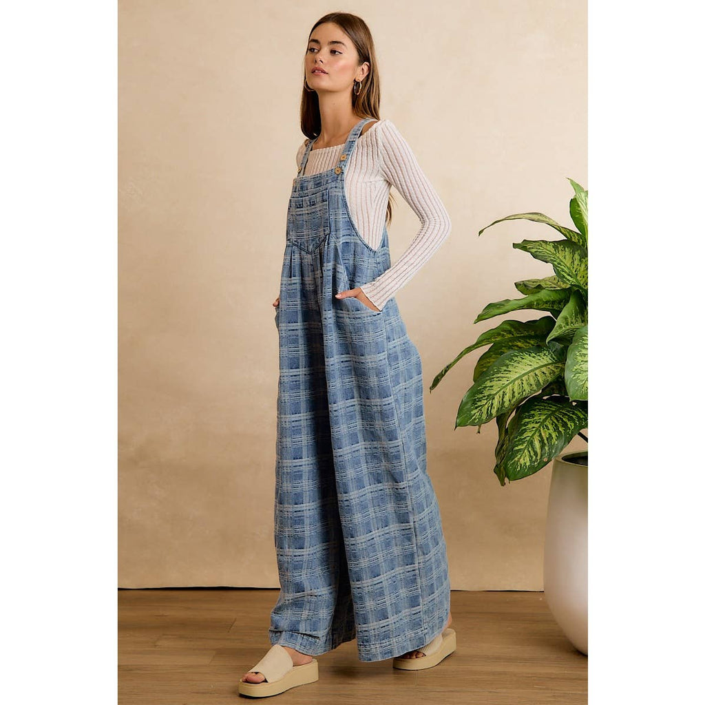 PLAID PATTERNED DENIM WIDE LEG OVERALLS