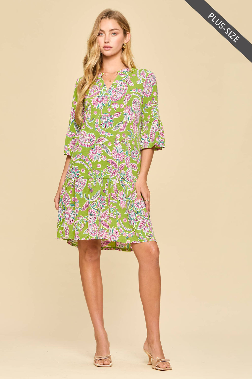 PLUS SIZE Shirred Tiered Relaxed 3/4 Sleeve Dress