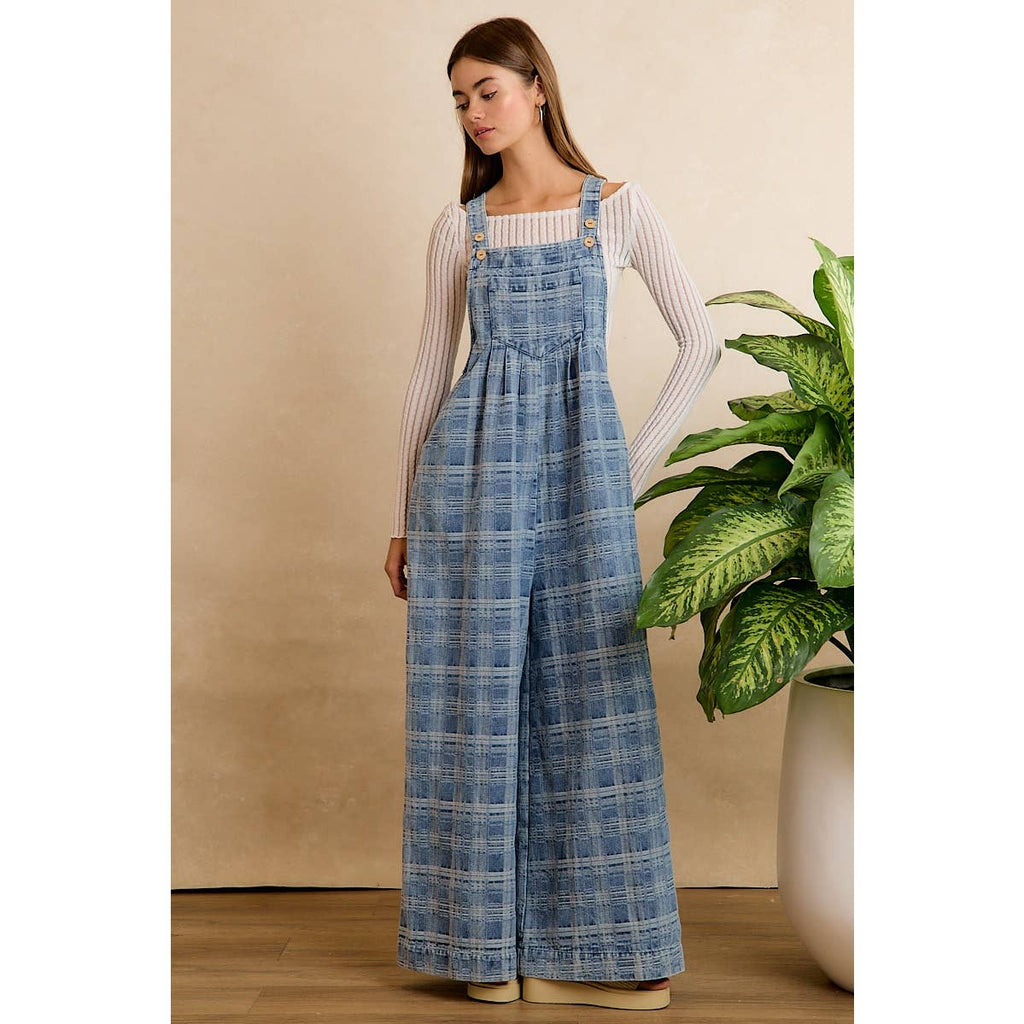 PLAID PATTERNED DENIM WIDE LEG OVERALLS