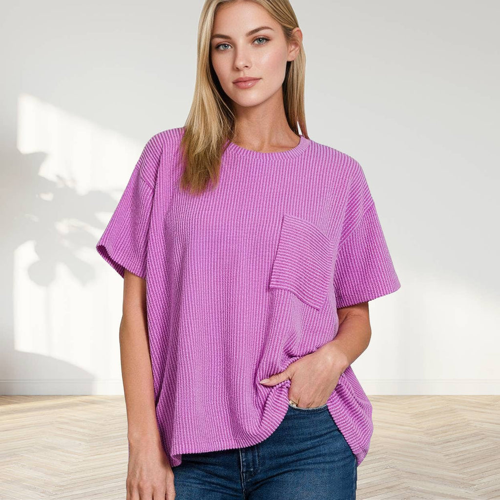 ',,....Corded Rib  Short Sleeve Front Pocket Top