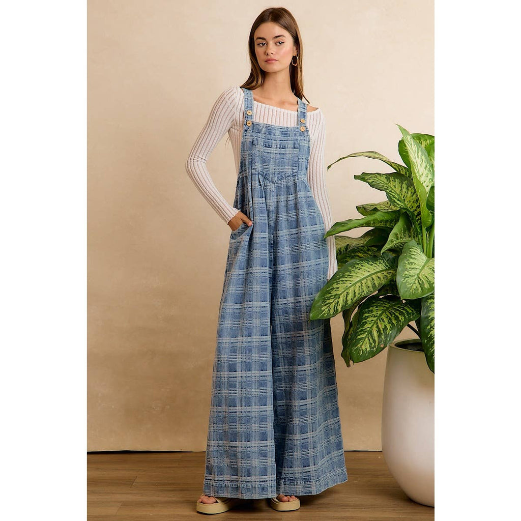 PLAID PATTERNED DENIM WIDE LEG OVERALLS