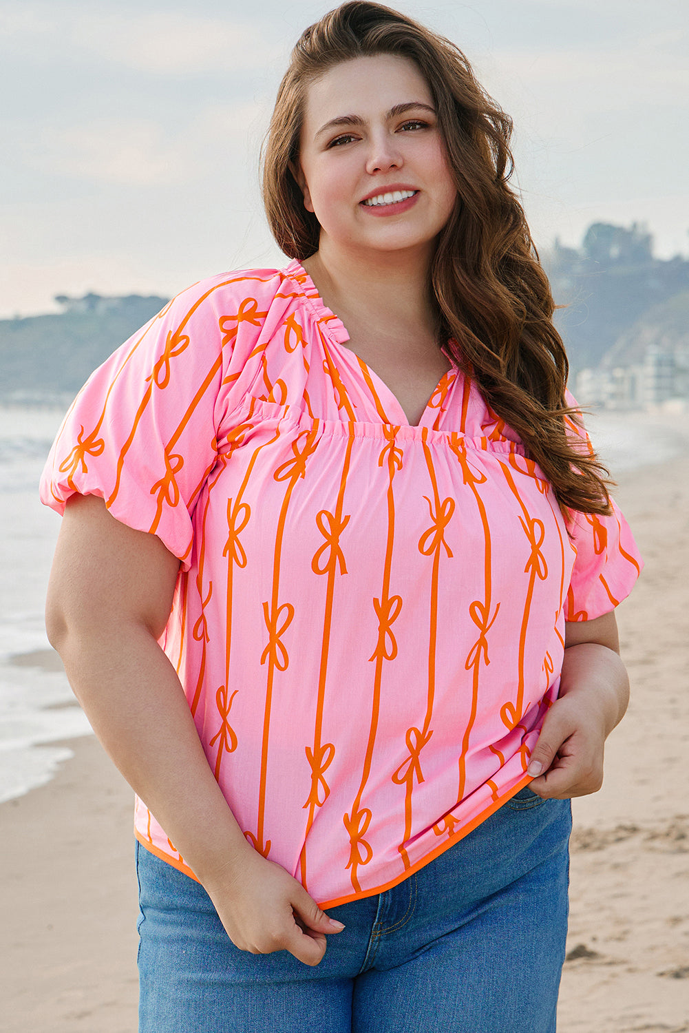 Sydney Plus Size Bowknot V Neck Blouse