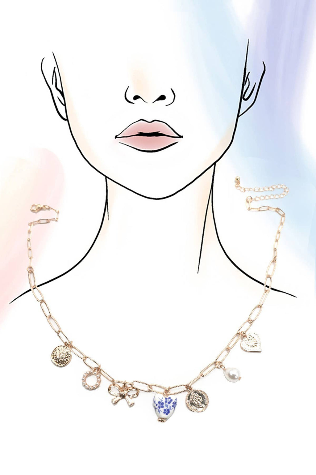 CERAMIC PORCELAIN BOW HEART CHARM LINK NECKLACE