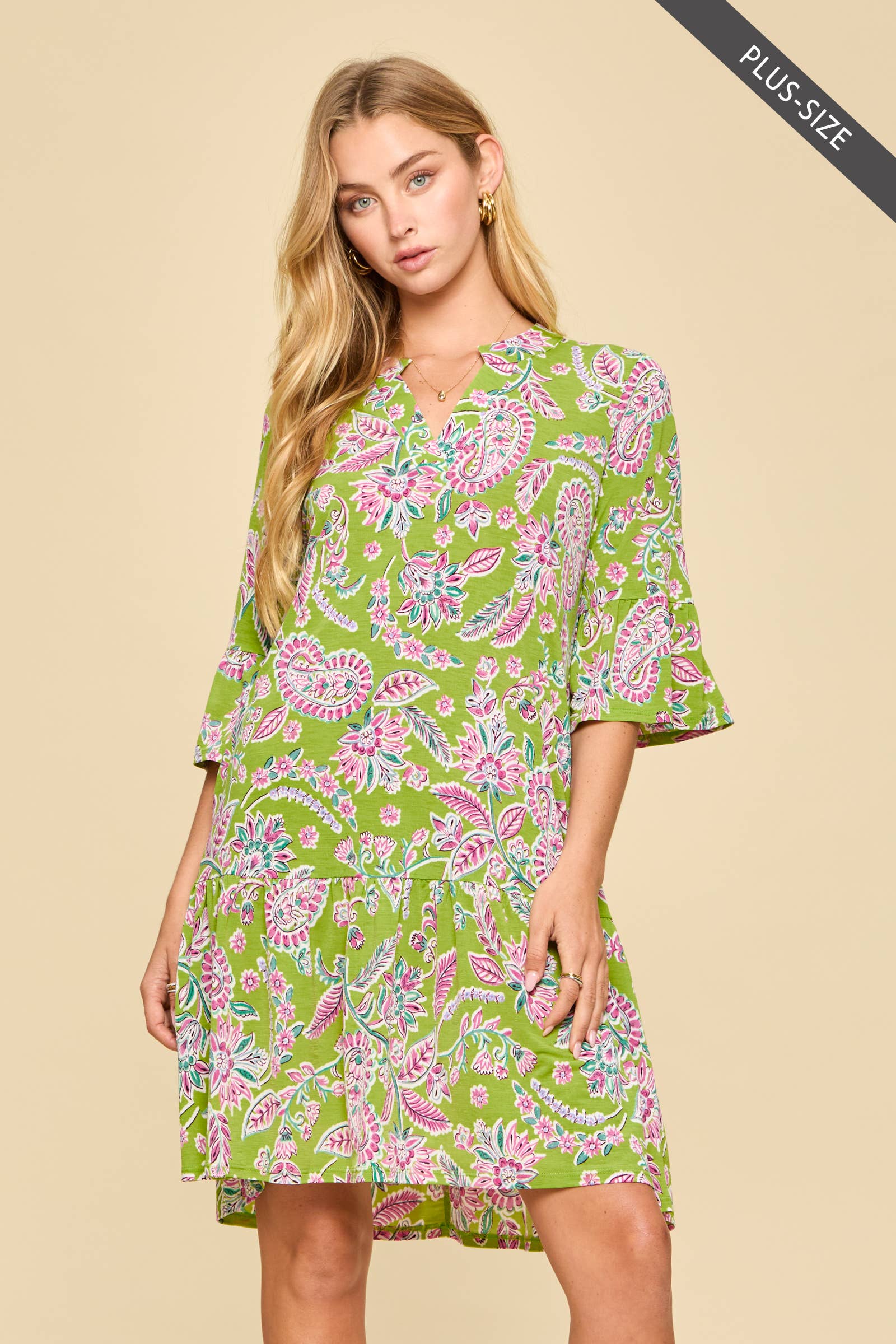 PLUS SIZE Shirred Tiered Relaxed 3/4 Sleeve Dress